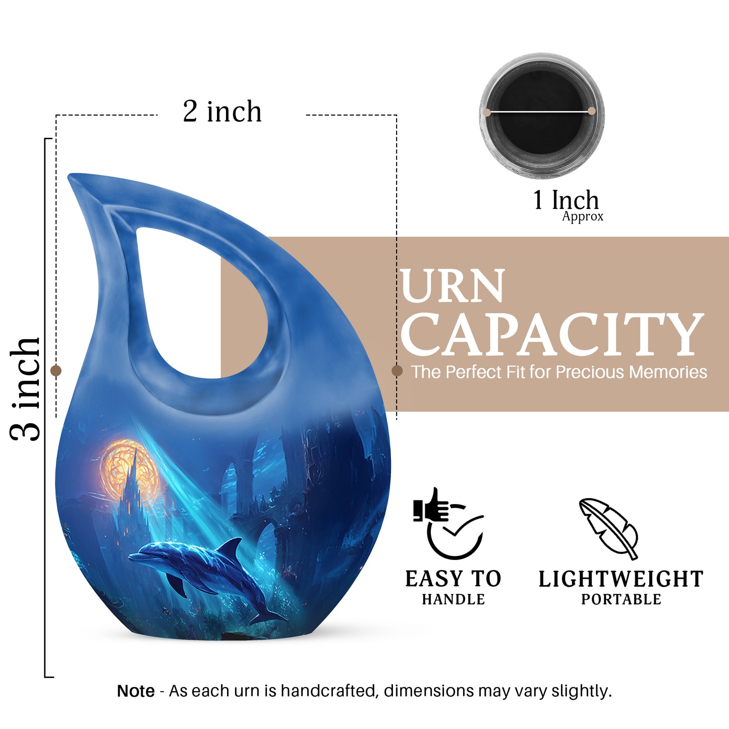Serene Blue Dolphin Cremation Urn back view with polished surface - faith-inspired cross-drop urn with dolphin pattern - mini keepsake memorial for portion of cremation ashes