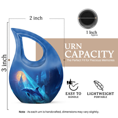 Serene Blue Dolphin Cremation Urn back view with polished surface - faith-inspired cross-drop urn with dolphin pattern - mini keepsake memorial for portion of cremation ashes