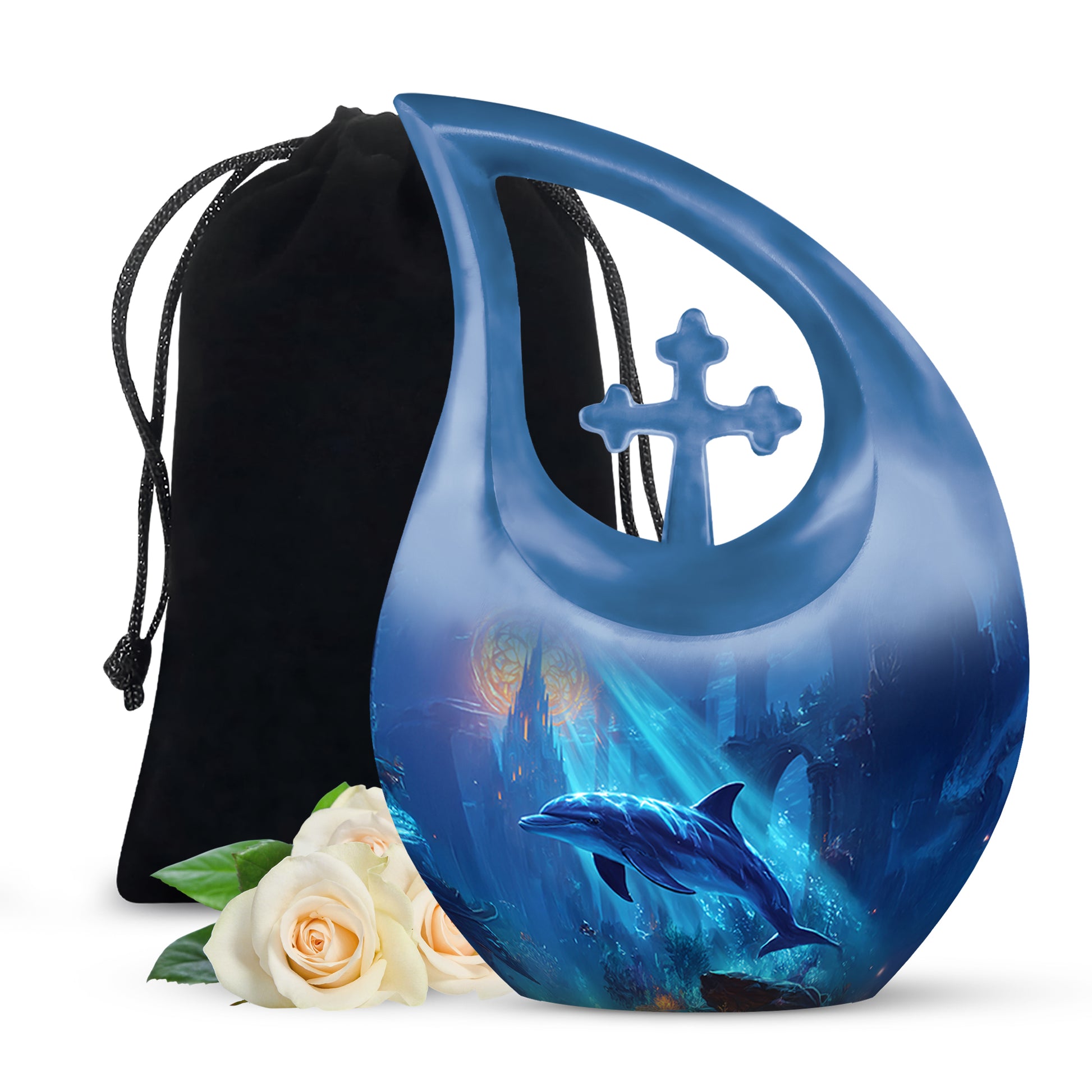 Indigo Dolphin Cremation Urn top-down view of secure threaded lid - cross and dolphin combined in spiritual memorial design - full-size 10 inch 200 cubic inch adult cremation urn