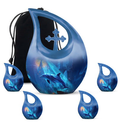 Sapphire Blue Dolphin Cremation Urn urn with complimentary velvet bag - faith-inspired cross-drop urn with dolphin pattern - memorial set with one large and four small urns