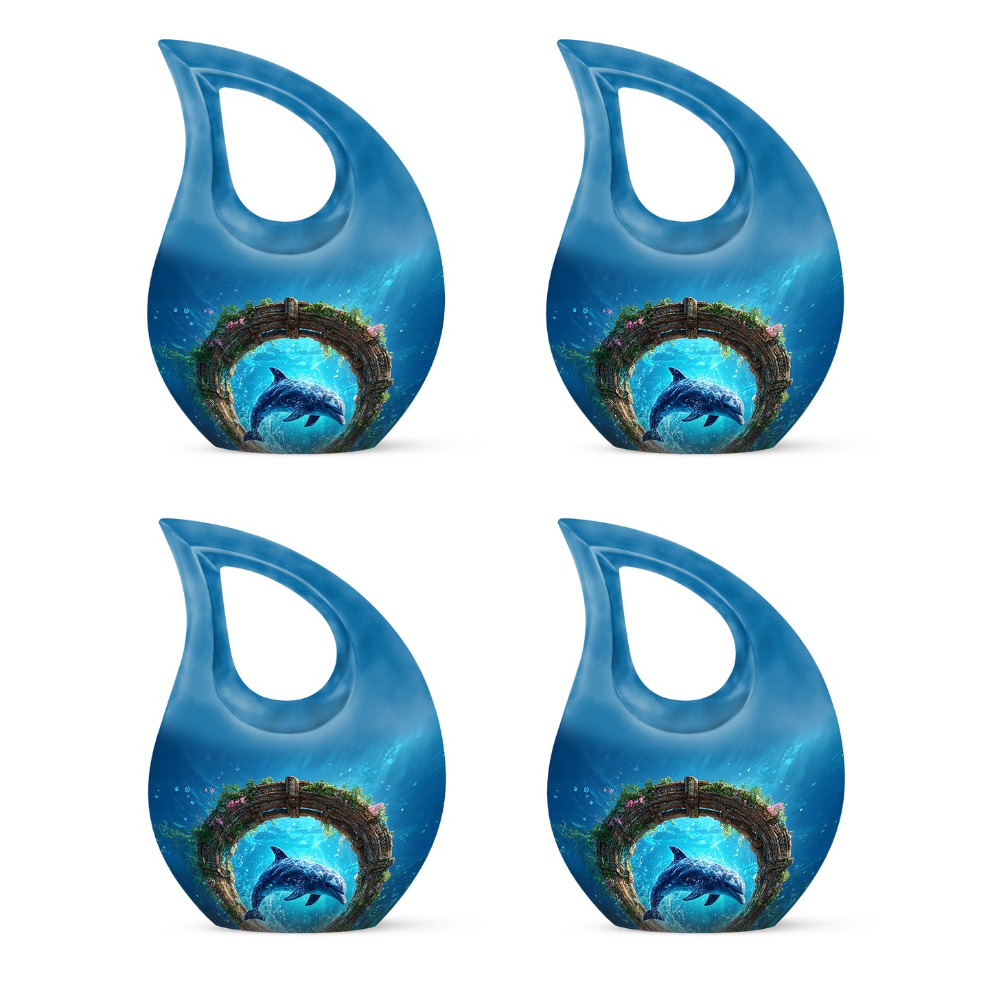Indigo Dolphin Cremation Urn lifestyle display on memorial shelf - cross and dolphin combined in spiritual memorial design - 10 inch aluminum urn for cremated remains