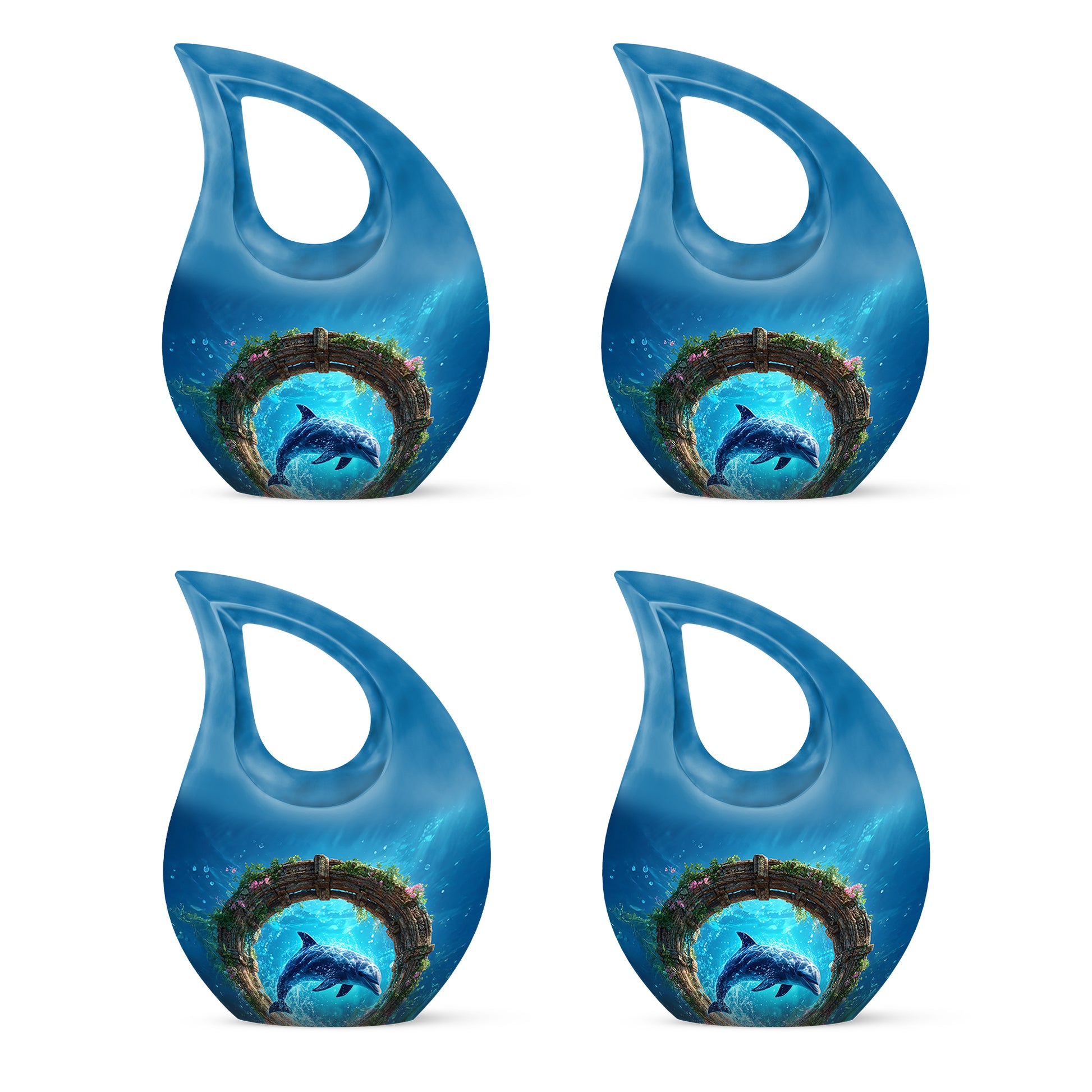Indigo Dolphin Cremation Urn lifestyle display on memorial shelf - cross and dolphin combined in spiritual memorial design - 10 inch aluminum urn for cremated remains