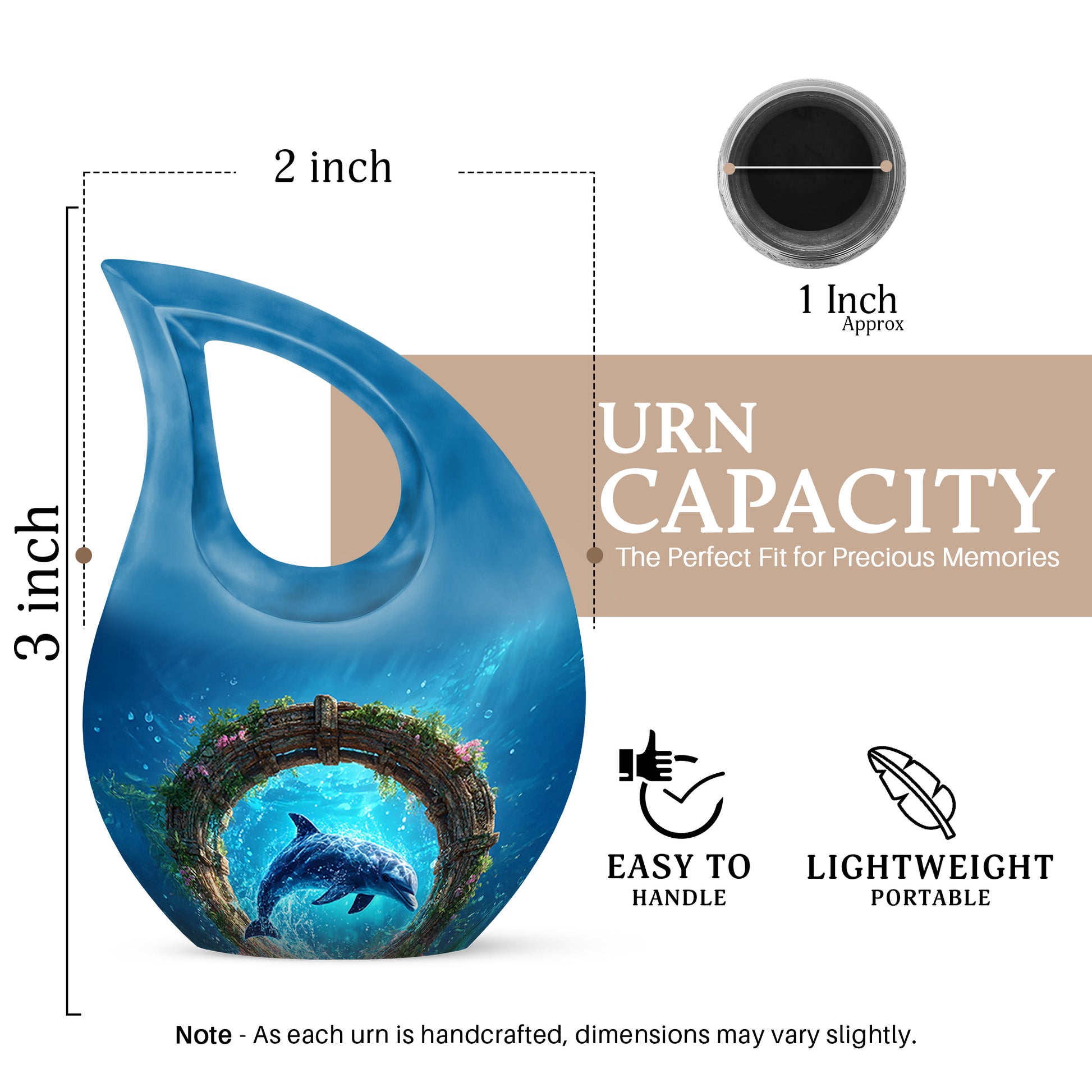 Serene Blue Dolphin Cremation Urn back view with polished surface - faith-inspired cross-drop urn with dolphin pattern - mini keepsake memorial for portion of cremation ashes