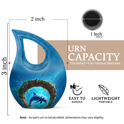 Serene Blue Dolphin Cremation Urn back view with polished surface - faith-inspired cross-drop urn with dolphin pattern - mini keepsake memorial for portion of cremation ashes