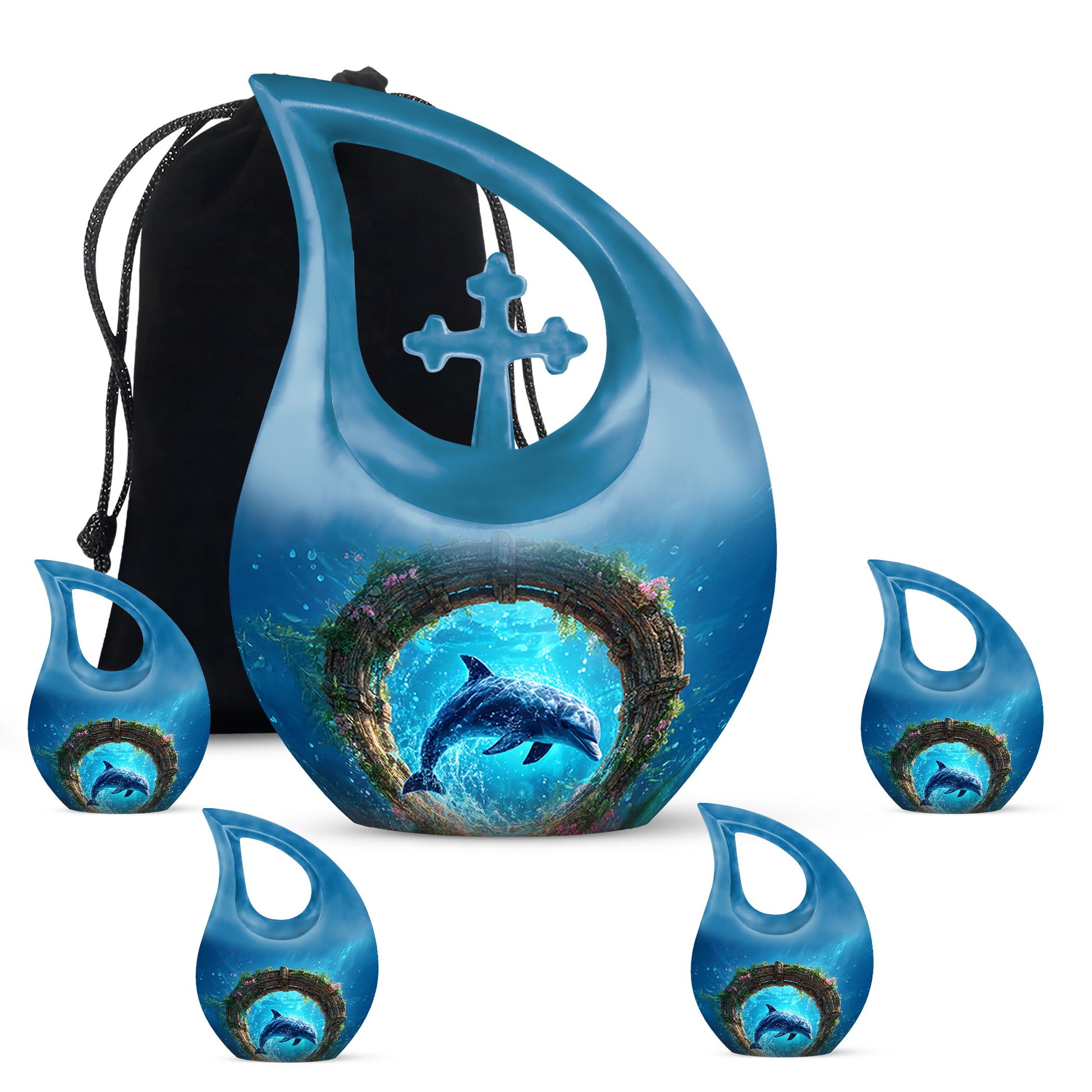 Sapphire Blue Dolphin Cremation Urn urn with complimentary velvet bag - devotional cross-drop dolphin engraving - memorial set with one large and four small urns