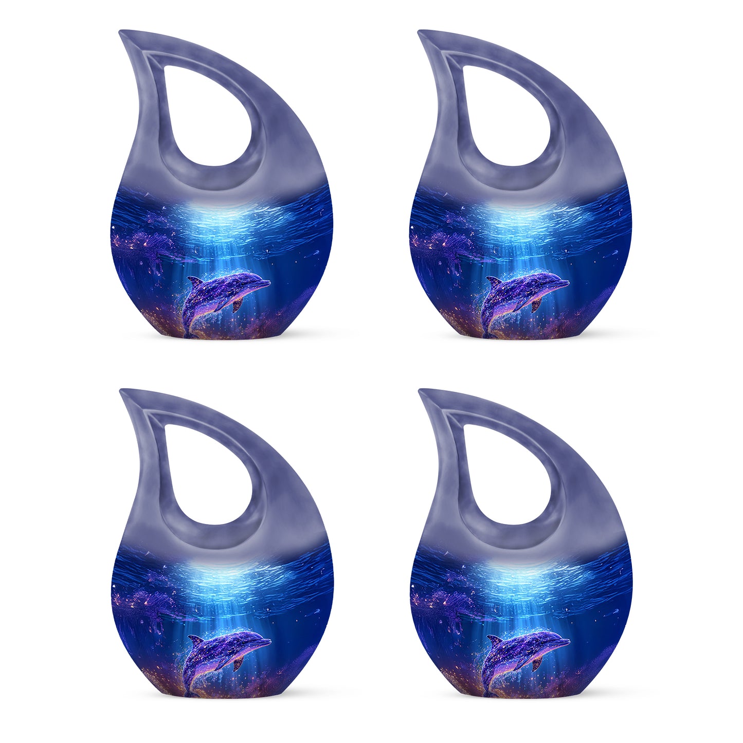 Celestial Blue Dolphin Cremation Urn lifestyle display on memorial shelf - cross and dolphin combined in spiritual memorial design - 10 inch aluminum urn for cremated remains