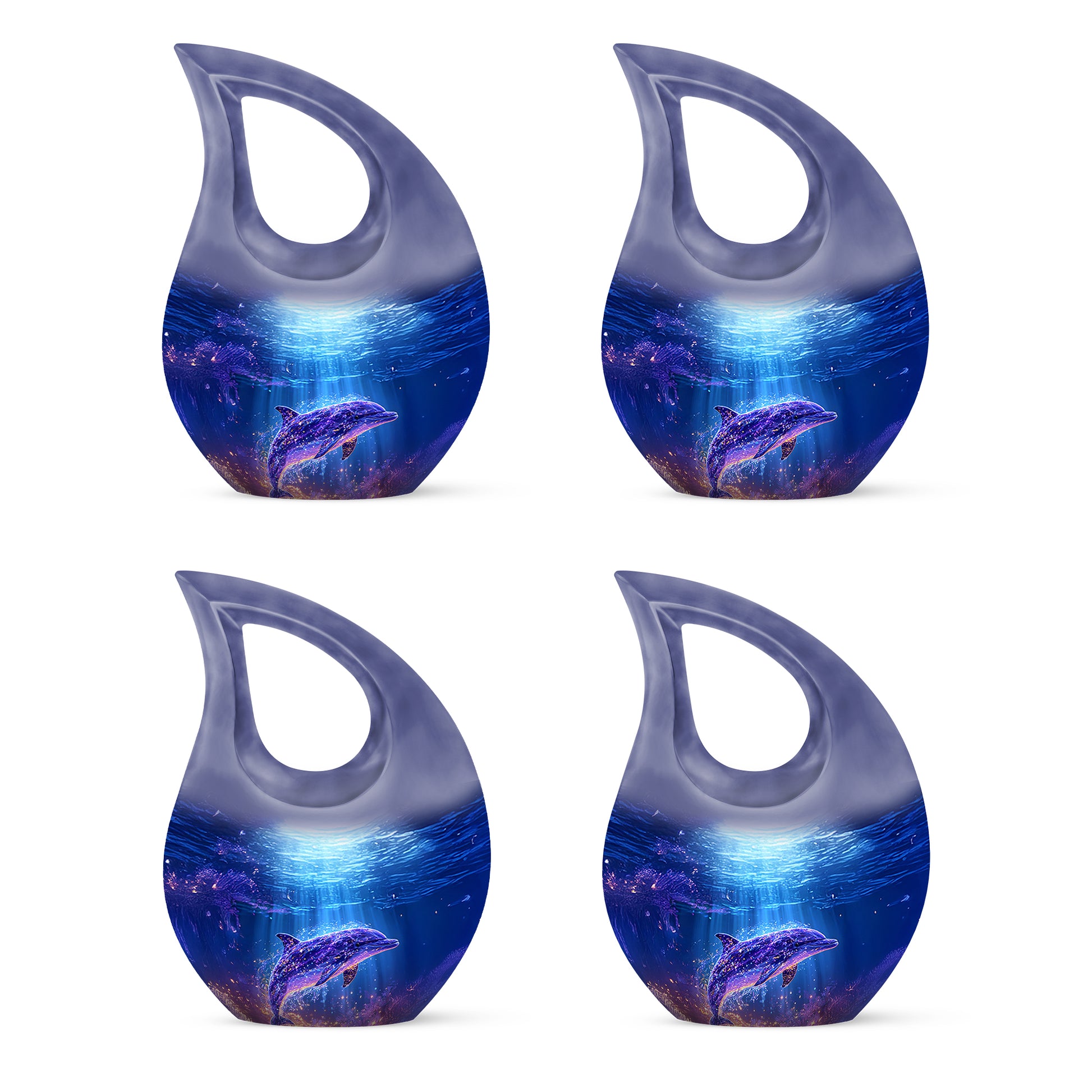 Celestial Blue Dolphin Cremation Urn lifestyle display on memorial shelf - cross and dolphin combined in spiritual memorial design - 10 inch aluminum urn for cremated remains