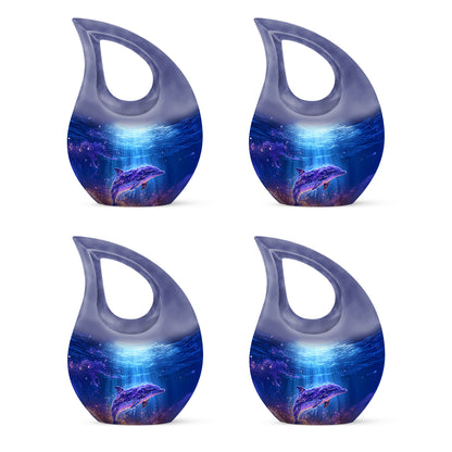 Celestial Blue Dolphin Cremation Urn lifestyle display on memorial shelf - cross and dolphin combined in spiritual memorial design - 10 inch aluminum urn for cremated remains