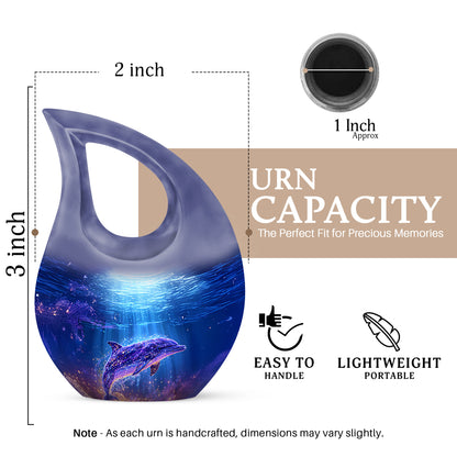 Vivid Blue Dolphin Cremation Urn back view with polished surface - devotional cross-drop dolphin engraving - mini keepsake memorial for portion of cremation ashes