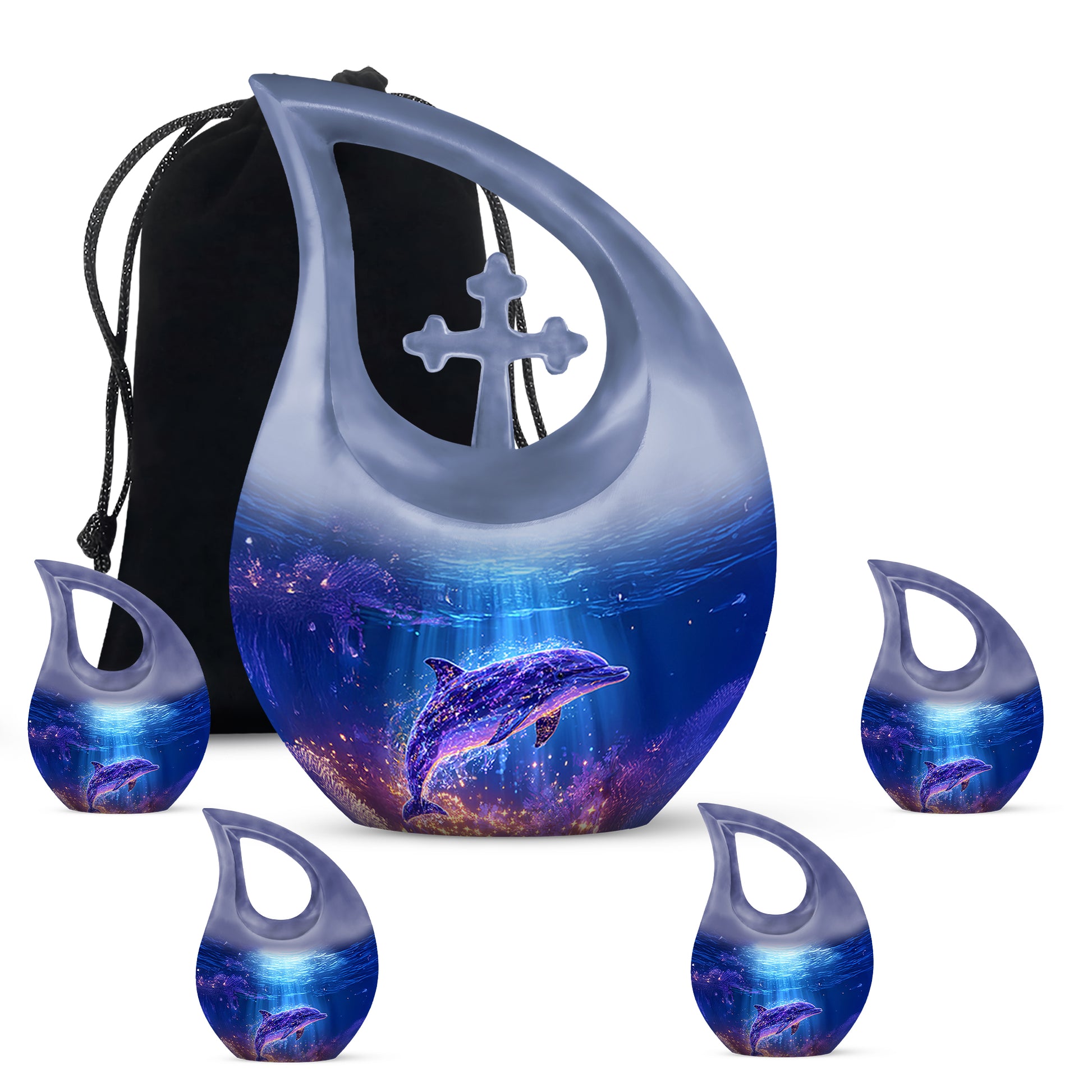 Steel Blue Dolphin Cremation Urn urn with complimentary velvet bag - faith-inspired cross-drop urn with dolphin pattern - memorial set with one large and four small urns