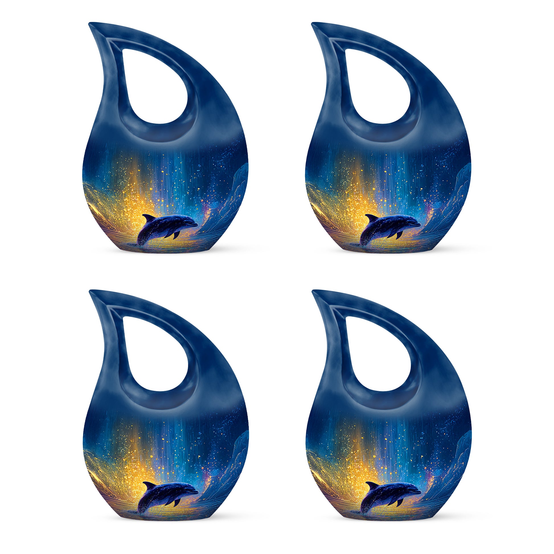 Serene Blue Dolphin Cremation Urn lifestyle display on memorial shelf - faith-inspired cross-drop urn with dolphin pattern - 10 inch aluminum urn for cremated remains
