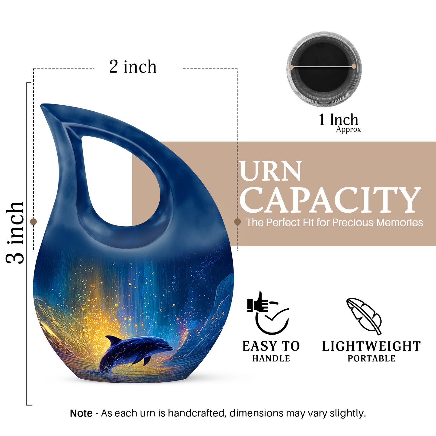 Misty Blue Dolphin Cremation Urn back view with polished surface - sacred cross merged with dolphin motif on metal - mini keepsake memorial for portion of cremation ashes