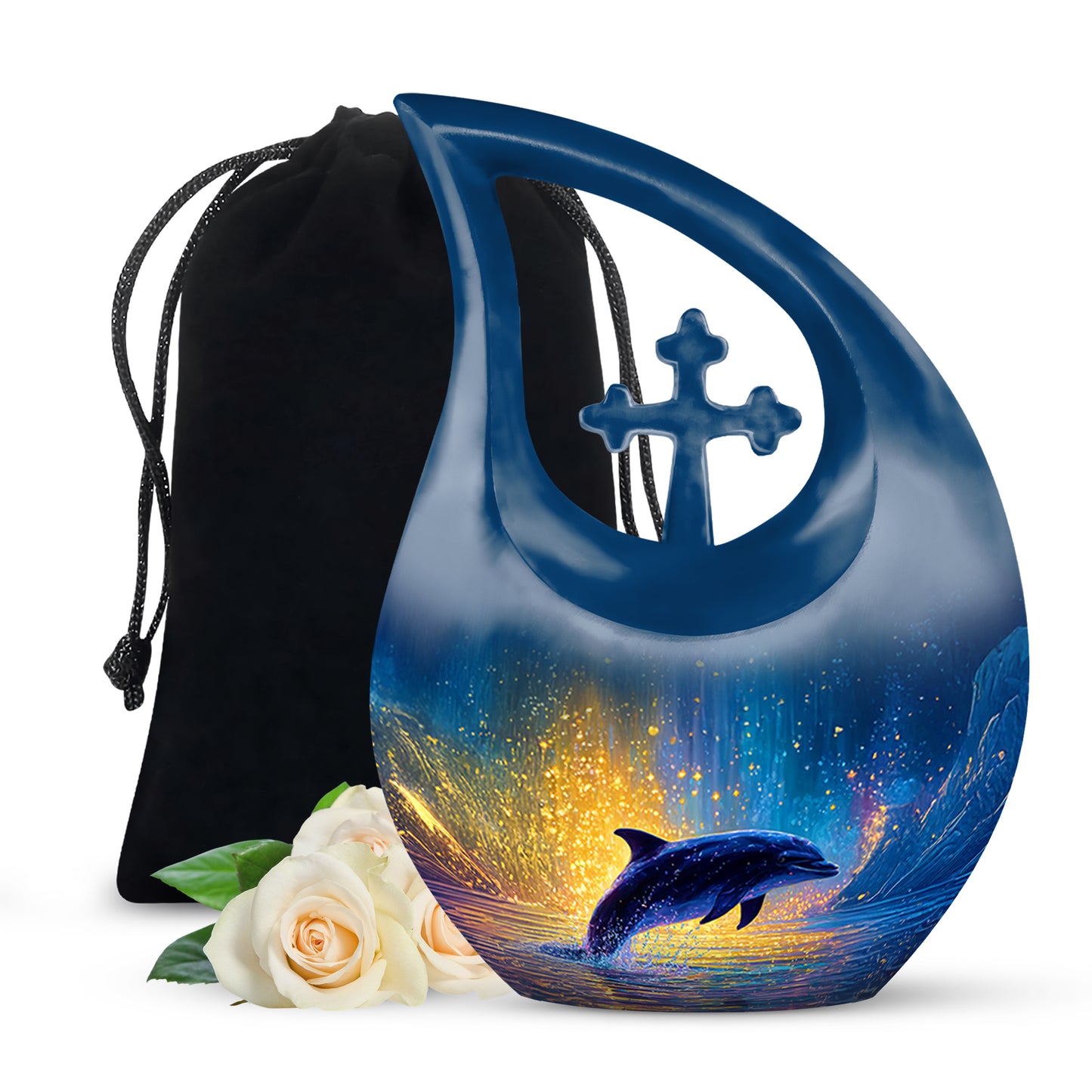Bright Blue Dolphin Cremation Urn top-down view of secure threaded lid - devotional cross-drop dolphin engraving - full-size 10 inch 200 cubic inch adult cremation urn