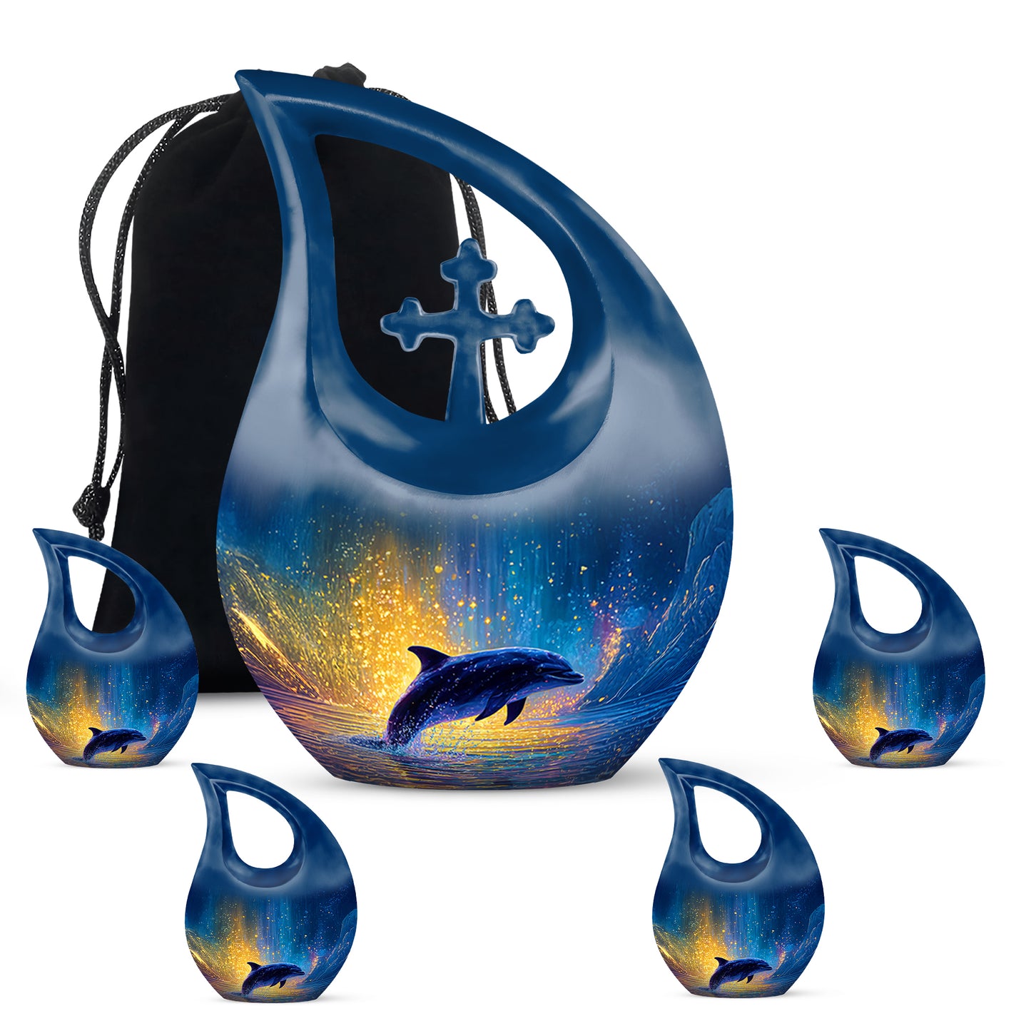 Powder Blue Dolphin Cremation Urn urn with complimentary velvet bag - sacred cross merged with dolphin motif on metal - memorial set with one large and four small urns
