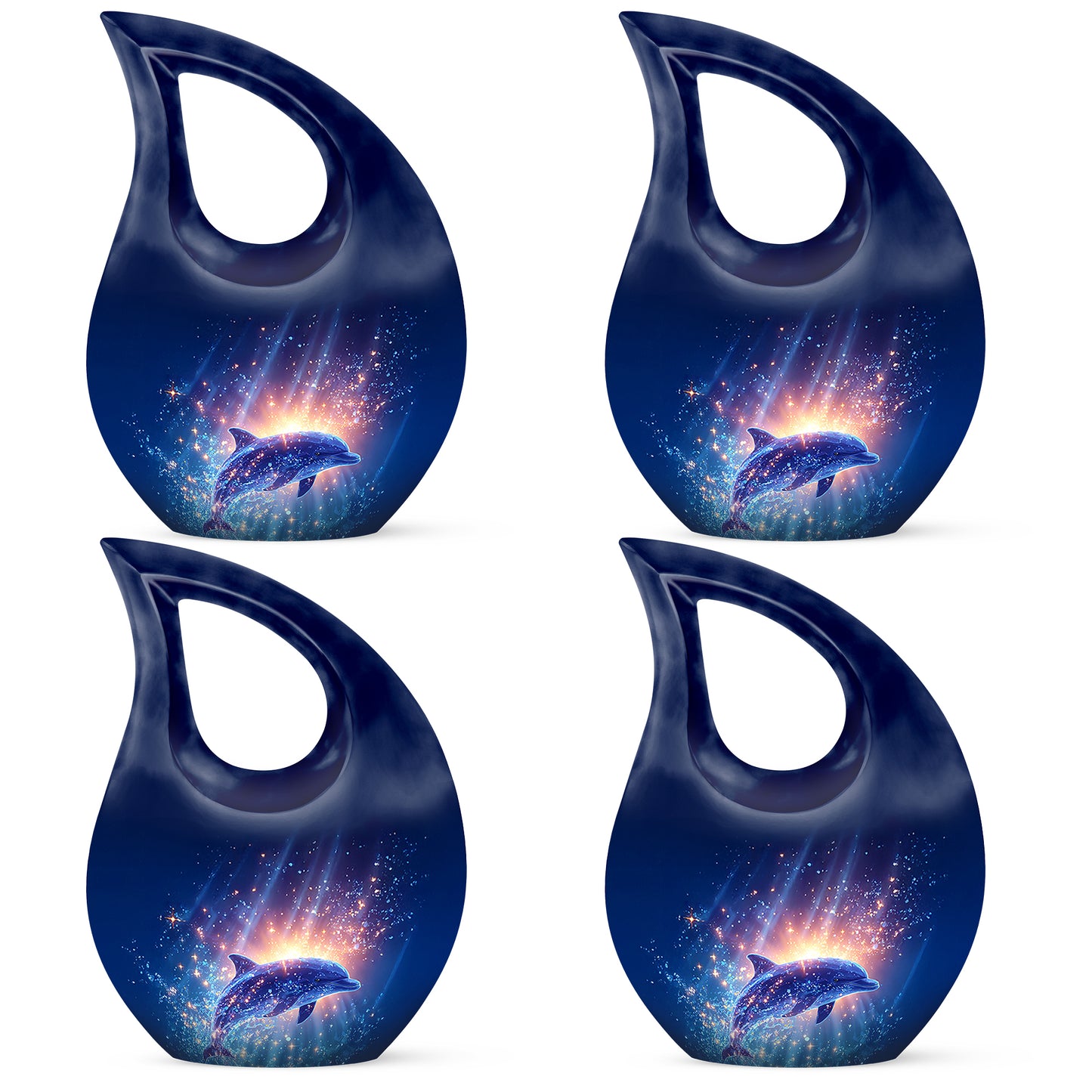 Serene Blue Dolphin Cremation Urn lifestyle display on memorial shelf - faith-inspired cross-drop urn with dolphin pattern - 10 inch aluminum urn for cremated remains
