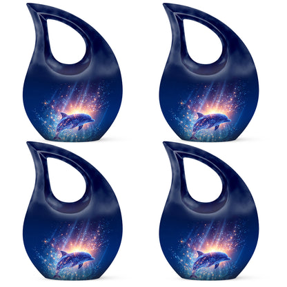 Serene Blue Dolphin Cremation Urn lifestyle display on memorial shelf - faith-inspired cross-drop urn with dolphin pattern - 10 inch aluminum urn for cremated remains