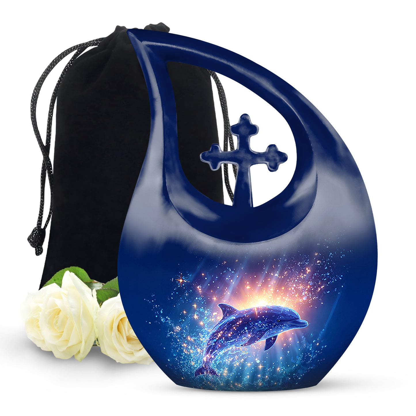 Twilight Blue Dolphin Cremation Urn top-down view of secure threaded lid - faith-inspired cross-drop urn with dolphin pattern - full-size 10 inch 200 cubic inch adult cremation urn