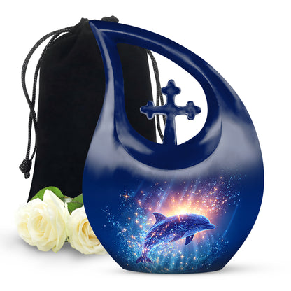 Twilight Blue Dolphin Cremation Urn top-down view of secure threaded lid - faith-inspired cross-drop urn with dolphin pattern - full-size 10 inch 200 cubic inch adult cremation urn