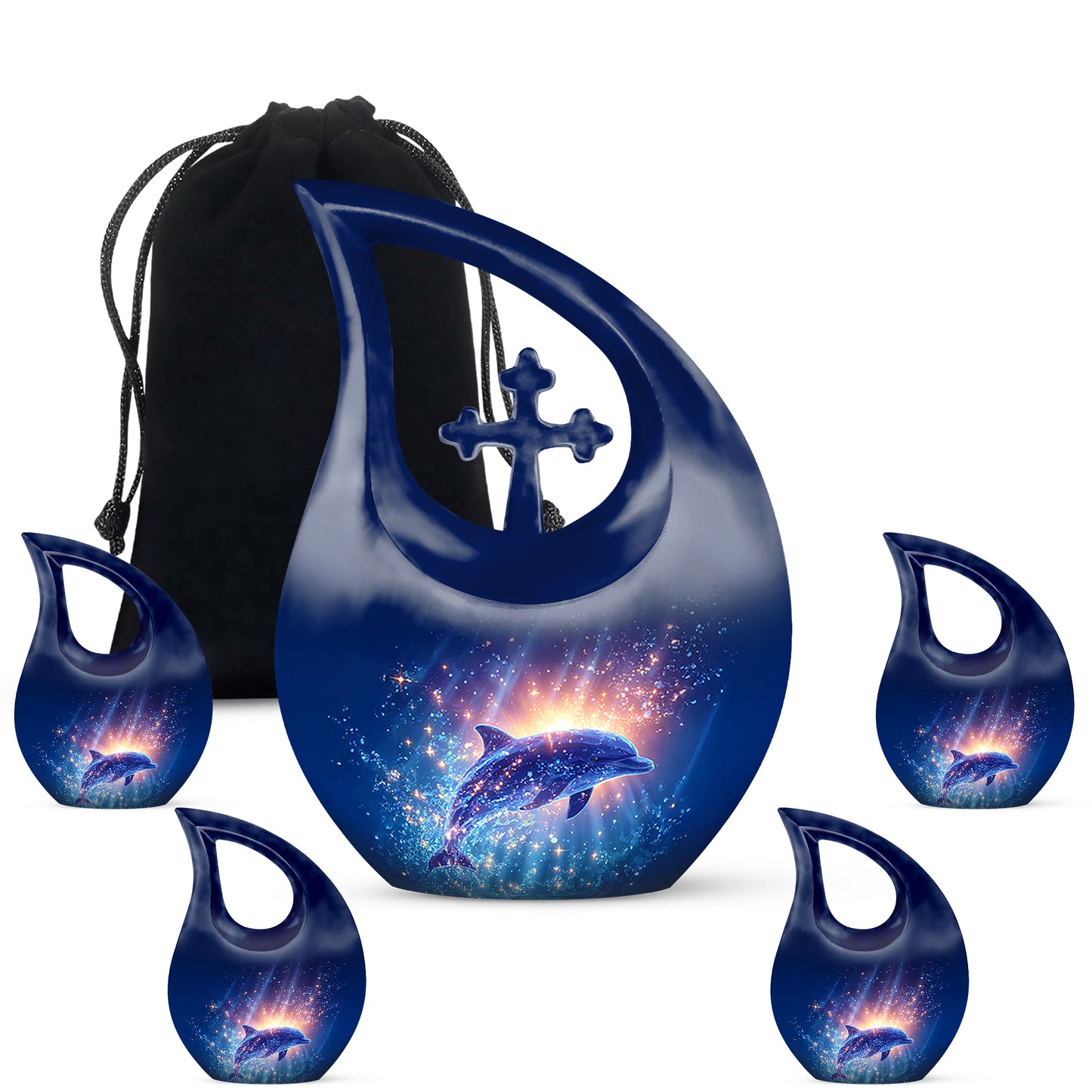 Calming Blue Dolphin Cremation Urn urn with complimentary velvet bag - devotional cross-drop dolphin engraving - memorial set with one large and four small urns