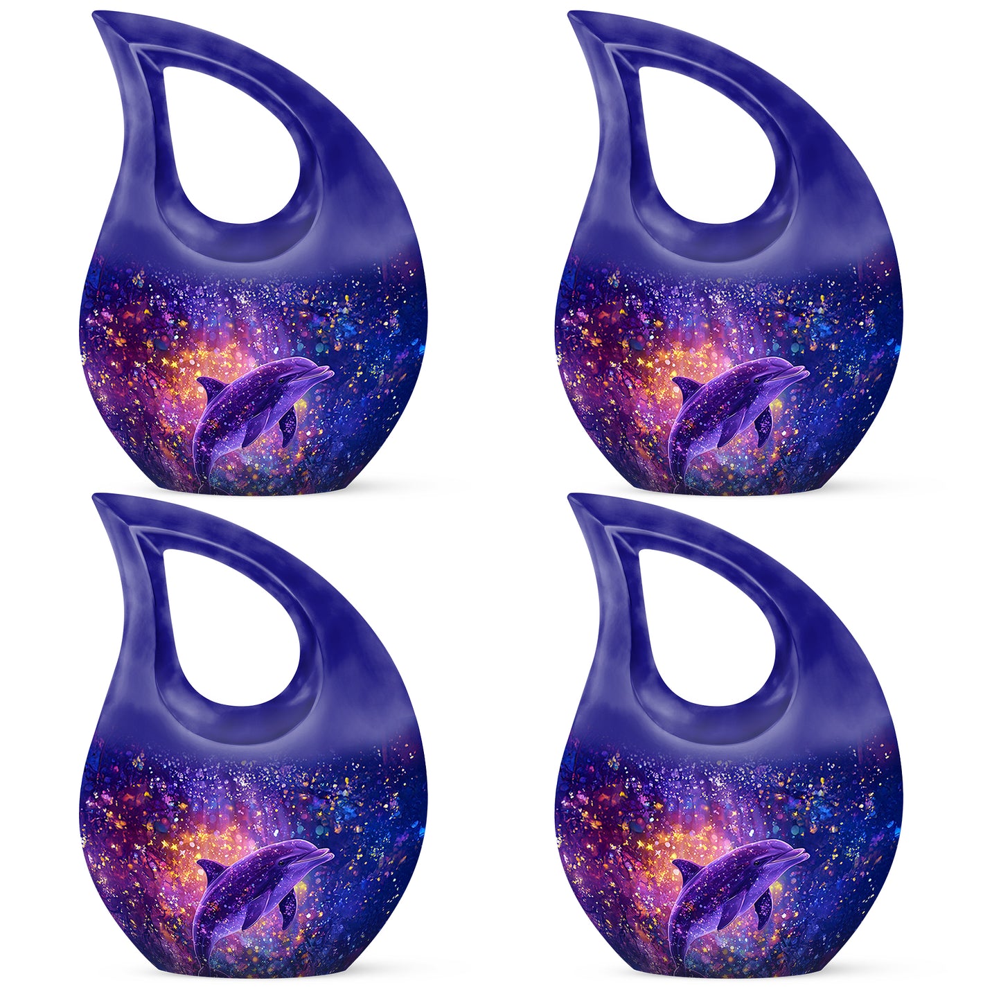 Bright Blue Dolphin Cremation Urn lifestyle display on memorial shelf - devotional cross-drop dolphin engraving - 10 inch aluminum urn for cremated remains