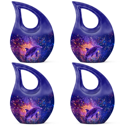 Bright Blue Dolphin Cremation Urn lifestyle display on memorial shelf - devotional cross-drop dolphin engraving - 10 inch aluminum urn for cremated remains