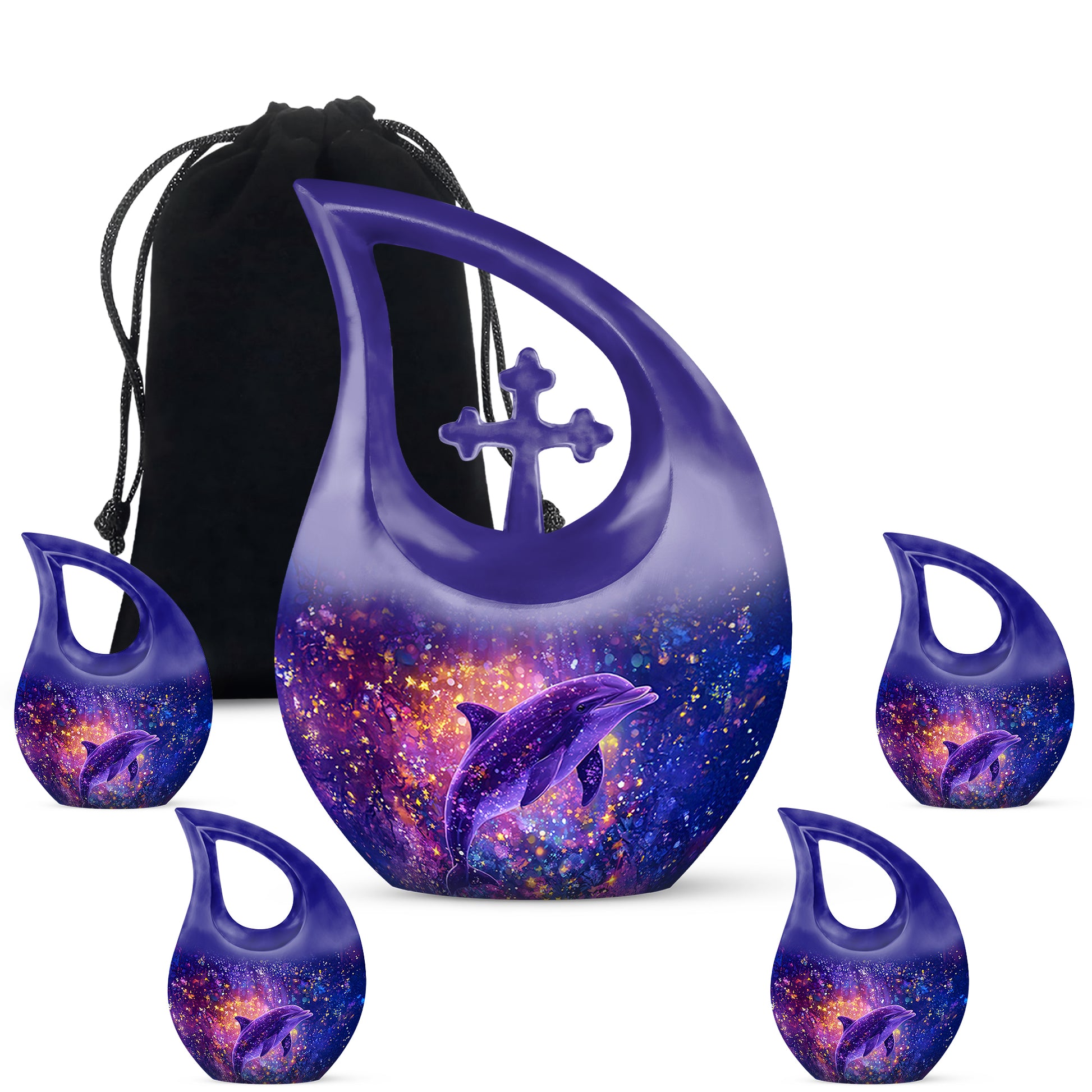 Serene Blue Dolphin Cremation Urn urn with complimentary velvet bag - devotional cross-drop dolphin engraving - memorial set with one large and four small urns