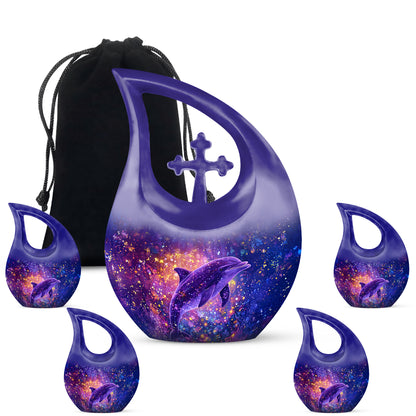 Serene Blue Dolphin Cremation Urn urn with complimentary velvet bag - devotional cross-drop dolphin engraving - memorial set with one large and four small urns