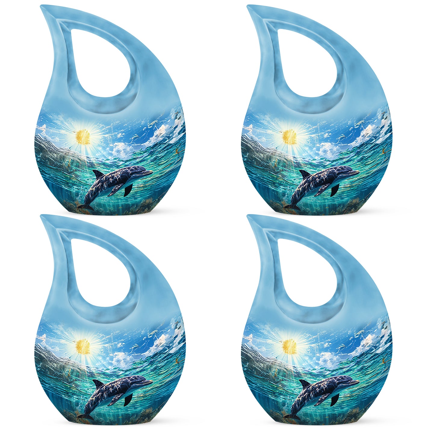 Vivid Blue Dolphin Cremation Urn lifestyle display on memorial shelf - devotional cross-drop dolphin engraving - 10 inch aluminum urn for cremated remains