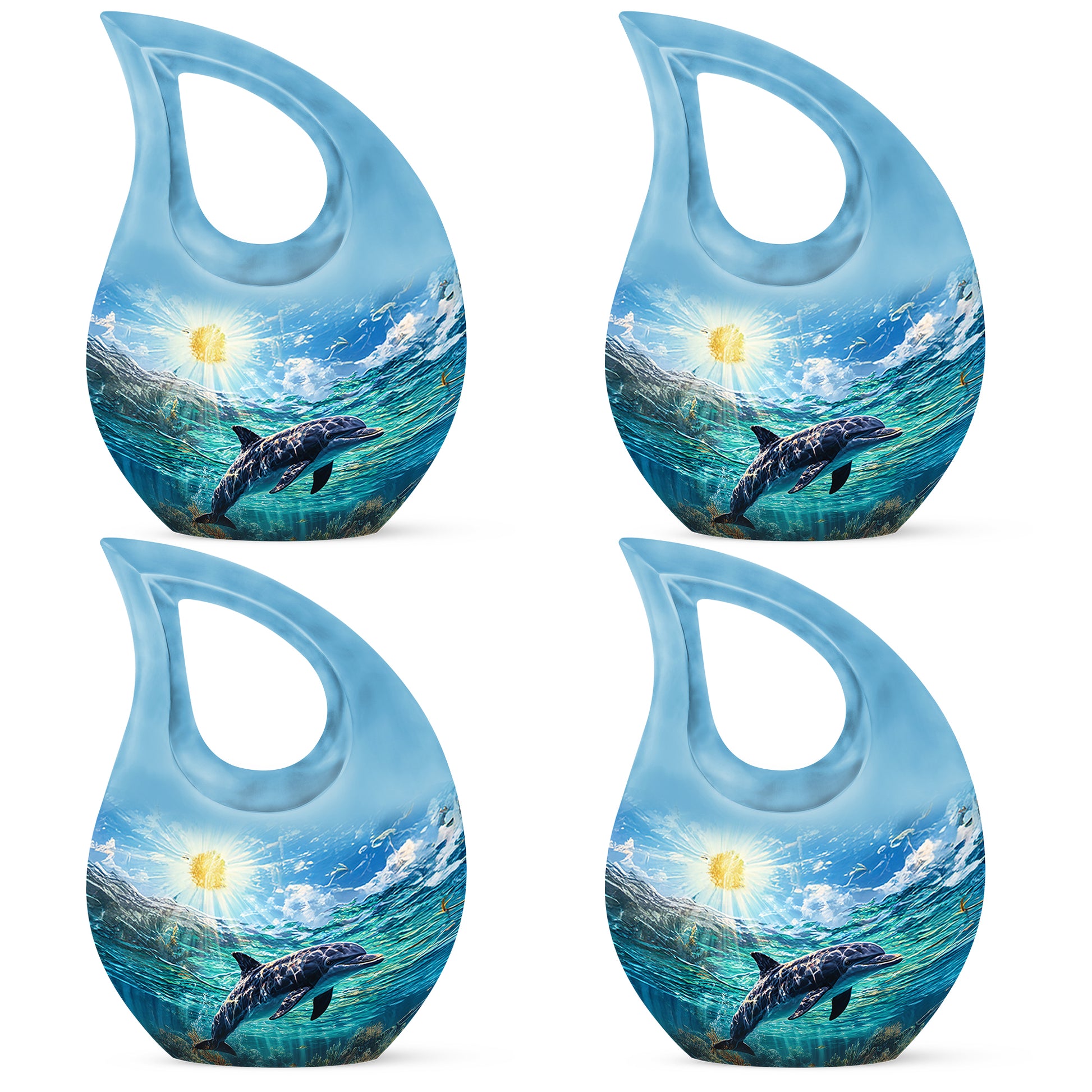 Vivid Blue Dolphin Cremation Urn lifestyle display on memorial shelf - devotional cross-drop dolphin engraving - 10 inch aluminum urn for cremated remains