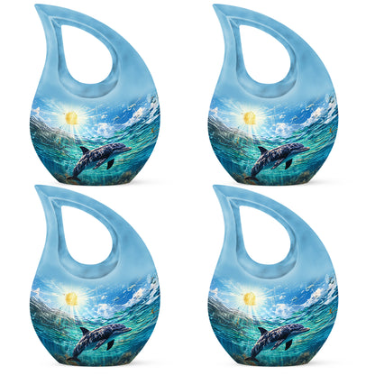 Vivid Blue Dolphin Cremation Urn lifestyle display on memorial shelf - devotional cross-drop dolphin engraving - 10 inch aluminum urn for cremated remains