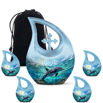 Pastel Blue Dolphin Cremation Urn urn with complimentary velvet bag - cross and dolphin combined in spiritual memorial design - memorial set with one large and four small urns