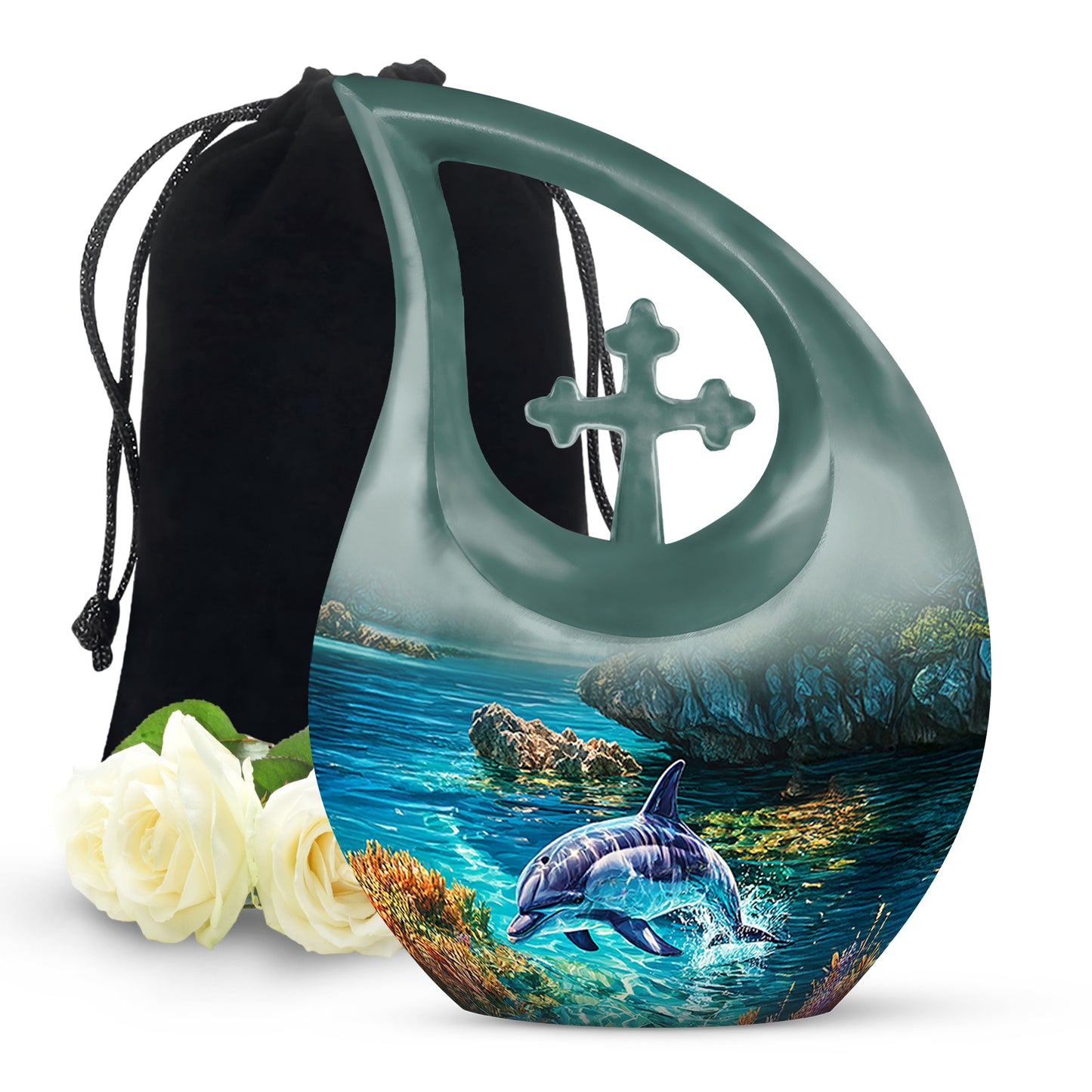Jade Green Dolphin Cremation Urn top-down view of secure threaded lid - sacred cross merged with dolphin motif on metal - full-size 10 inch 200 cubic inch adult cremation urn