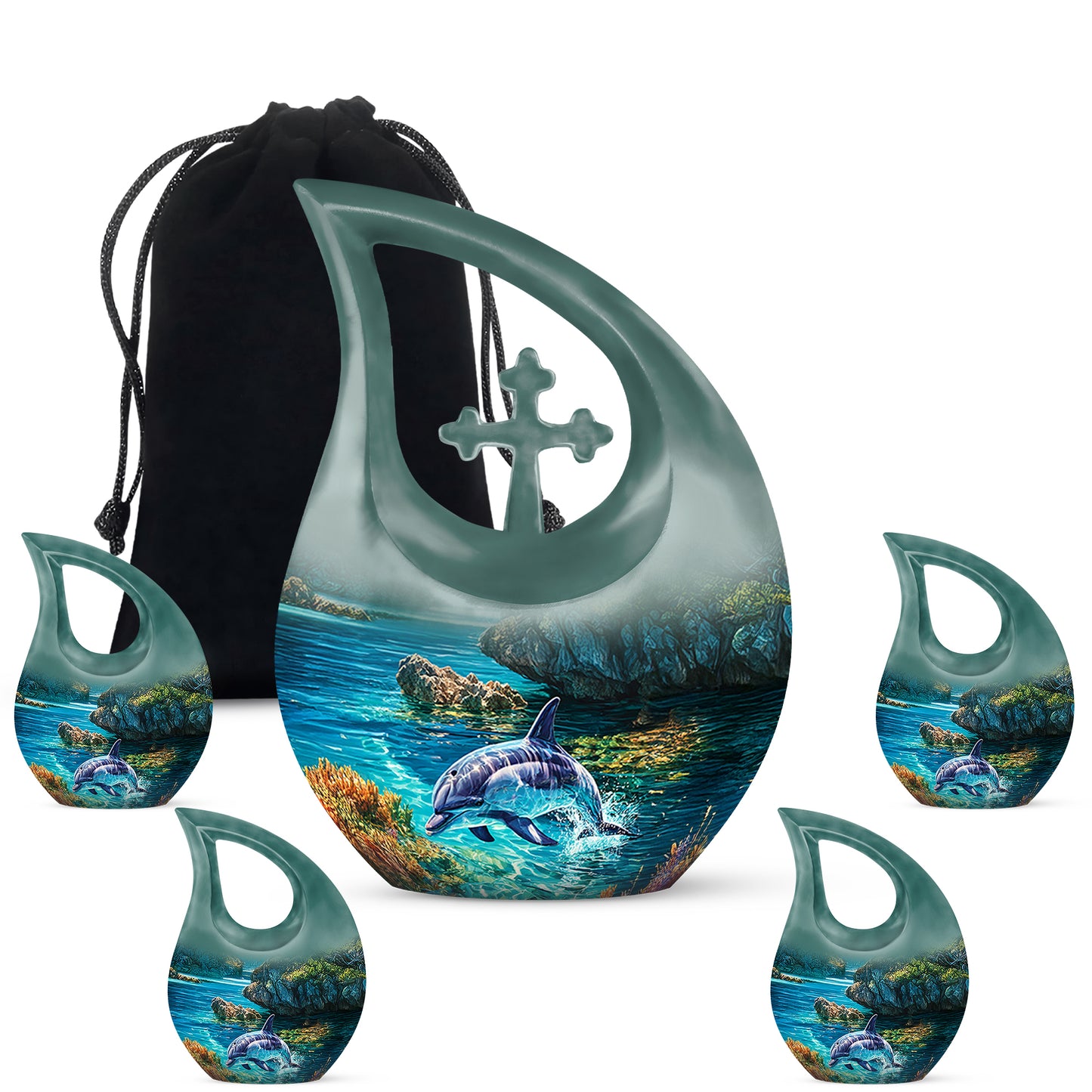 Mint Green Dolphin Cremation Urn urn with complimentary velvet bag - faith-inspired cross-drop urn with dolphin pattern - memorial set with one large and four small urns