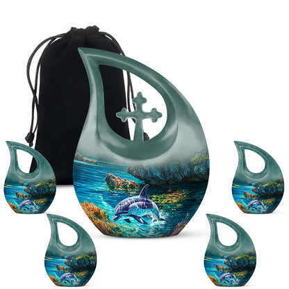 Mint Green Dolphin Cremation Urn urn with complimentary velvet bag - faith-inspired cross-drop urn with dolphin pattern - memorial set with one large and four small urns