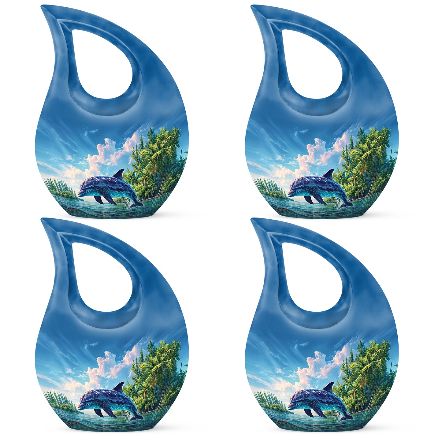 Calming Blue Dolphin Cremation Urn lifestyle display on memorial shelf - faith-inspired cross-drop urn with dolphin pattern - 10 inch aluminum urn for cremated remains