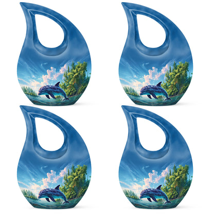 Calming Blue Dolphin Cremation Urn lifestyle display on memorial shelf - faith-inspired cross-drop urn with dolphin pattern - 10 inch aluminum urn for cremated remains