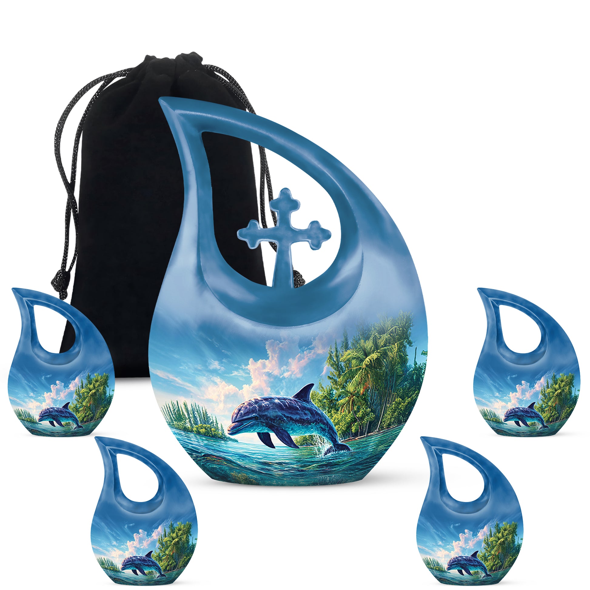 Royal Blue Dolphin Cremation Urn urn with complimentary velvet bag - faith-inspired cross-drop urn with dolphin pattern - memorial set with one large and four small urns