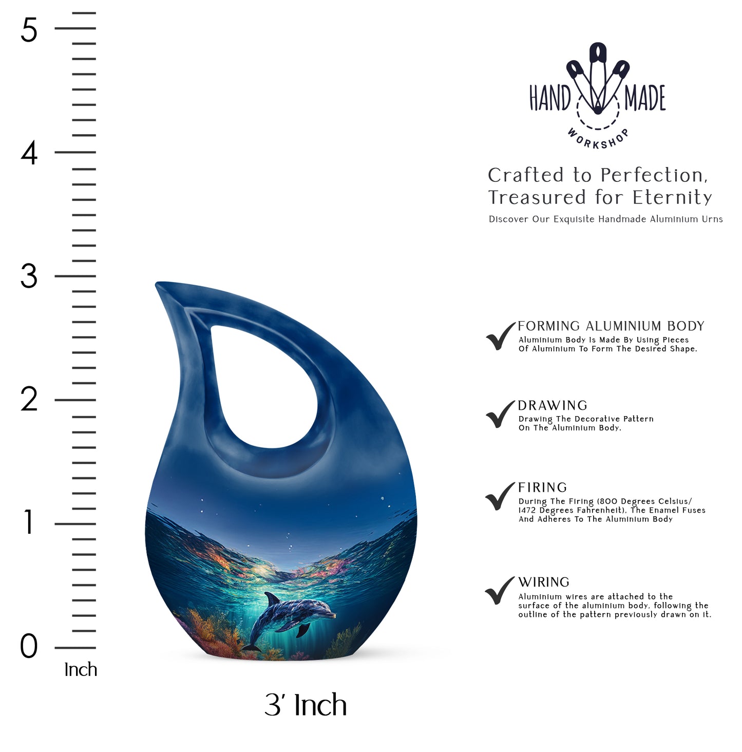 Icy Blue Dolphin Cremation Urn back view with polished surface - sacred cross merged with dolphin motif on metal - mini keepsake memorial for portion of cremation ashes