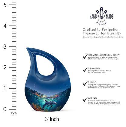 Icy Blue Dolphin Cremation Urn back view with polished surface - sacred cross merged with dolphin motif on metal - mini keepsake memorial for portion of cremation ashes