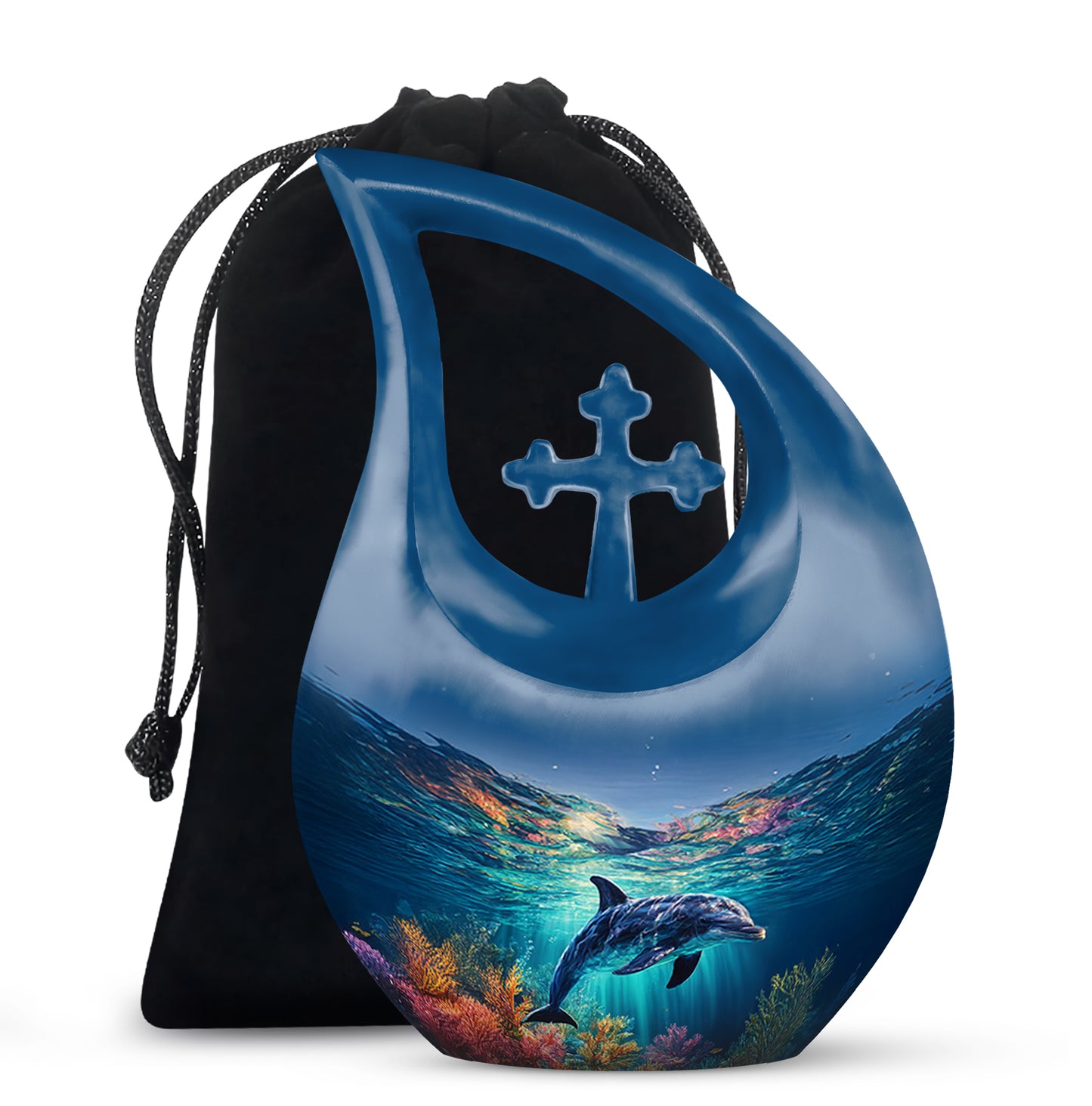 Cobalt Blue Dolphin Cremation Urn top-down view of secure threaded lid - devotional cross-drop dolphin engraving - full-size 10 inch 200 cubic inch adult cremation urn