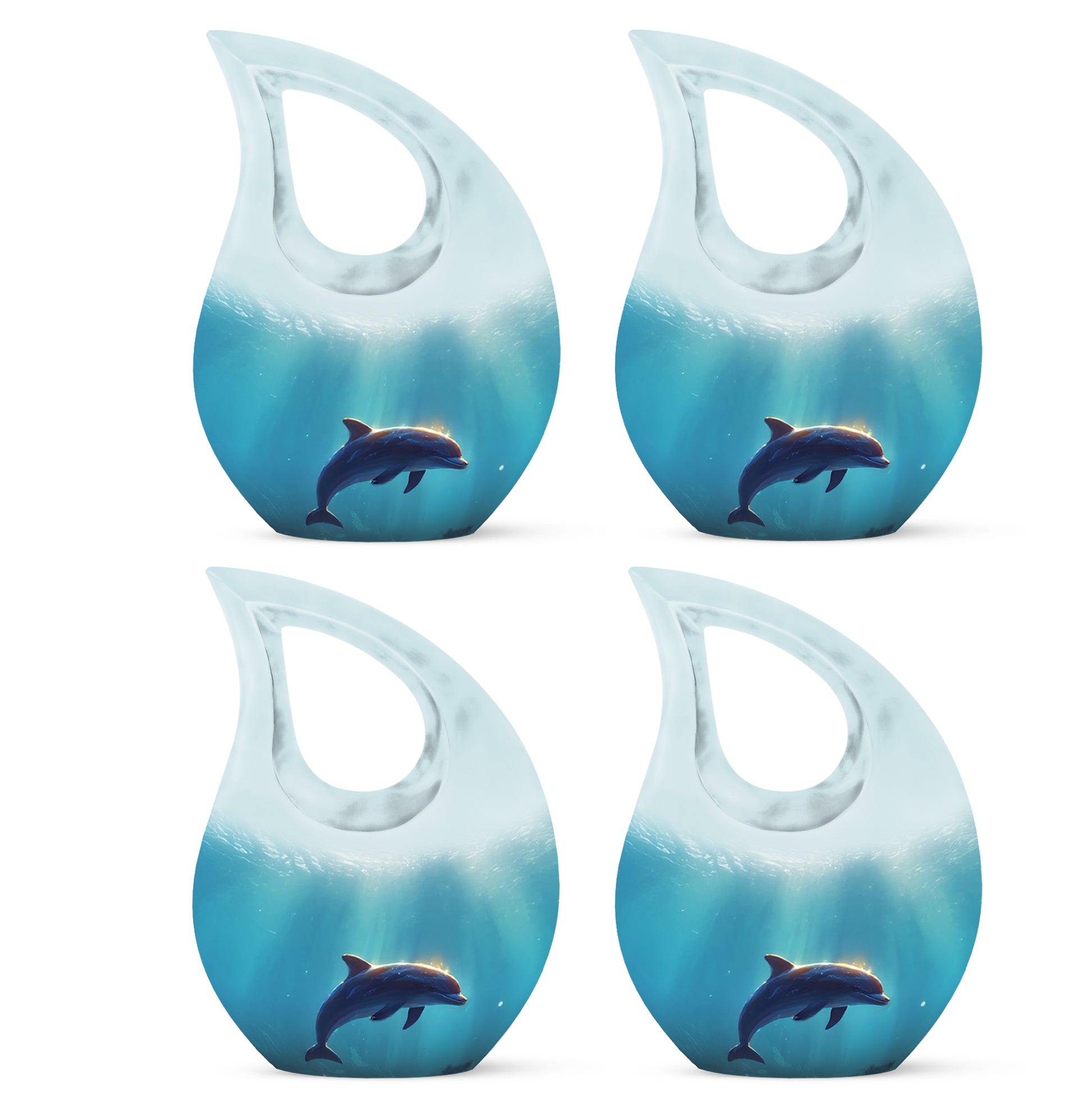 Frosted Silver Dolphin Cremation Urn lifestyle display on memorial shelf - devotional cross-drop dolphin engraving - 10 inch aluminum urn for cremated remains