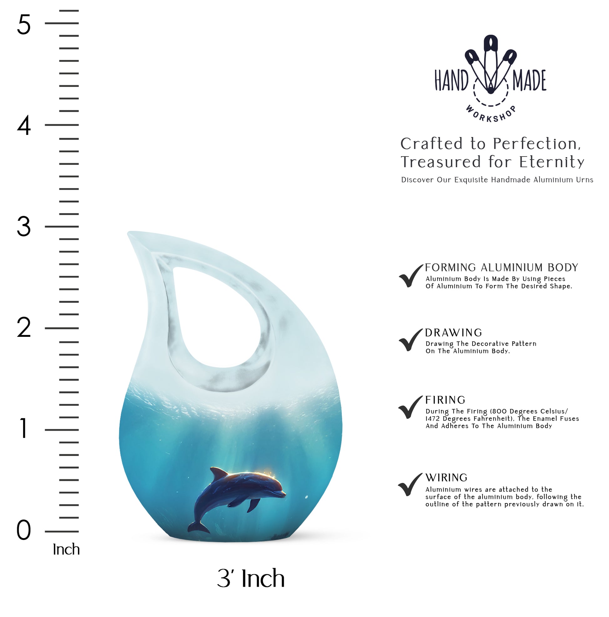 Brushed Silver Dolphin Cremation Urn back view with polished surface - sacred cross merged with dolphin motif on metal - mini keepsake memorial for portion of cremation ashes
