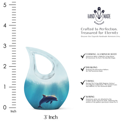 Brushed Silver Dolphin Cremation Urn back view with polished surface - sacred cross merged with dolphin motif on metal - mini keepsake memorial for portion of cremation ashes