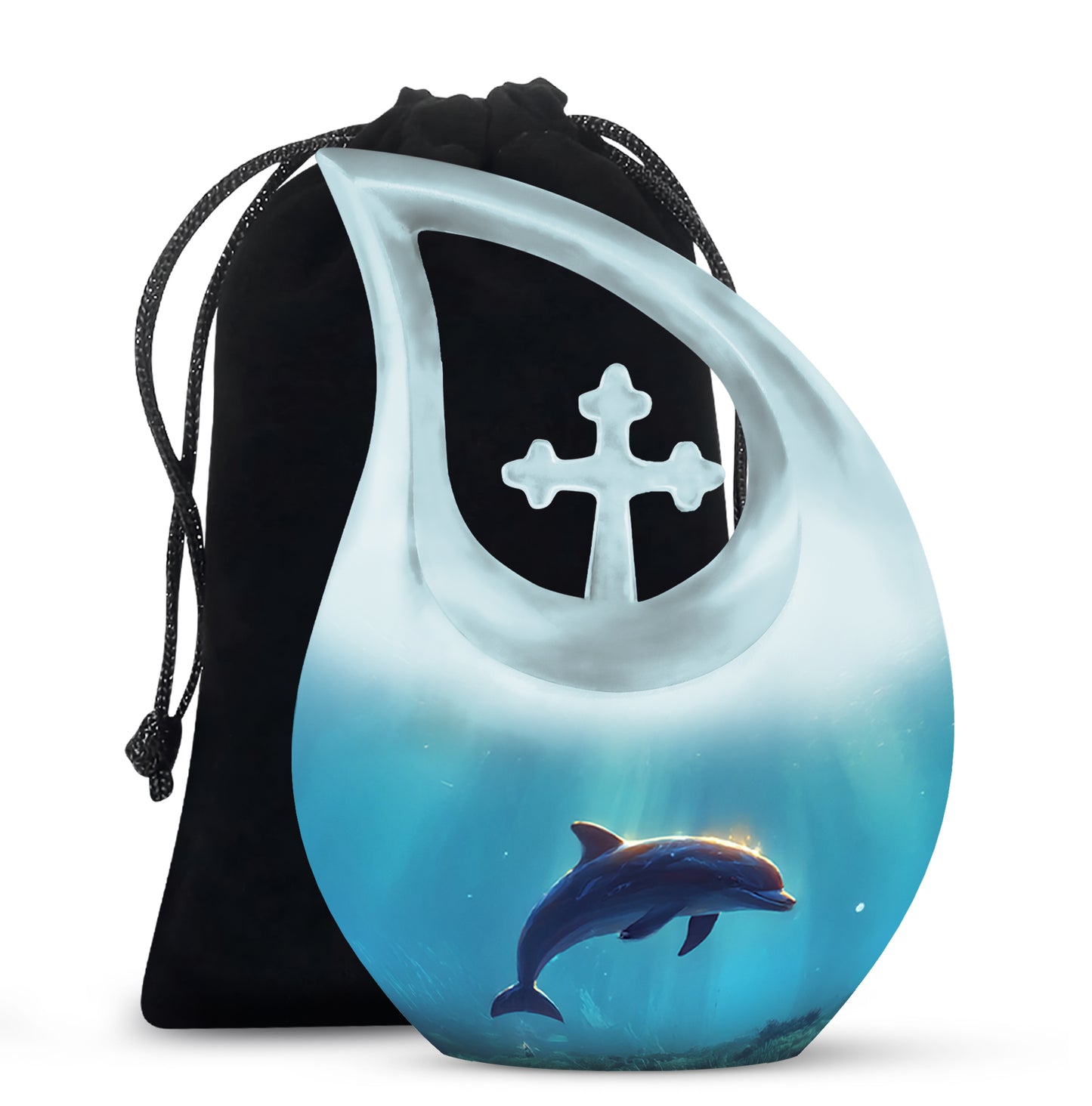 Platinum Silver Dolphin Cremation Urn top-down view of secure threaded lid - cross and dolphin combined in spiritual memorial design - full-size 10 inch 200 cubic inch adult cremation urn