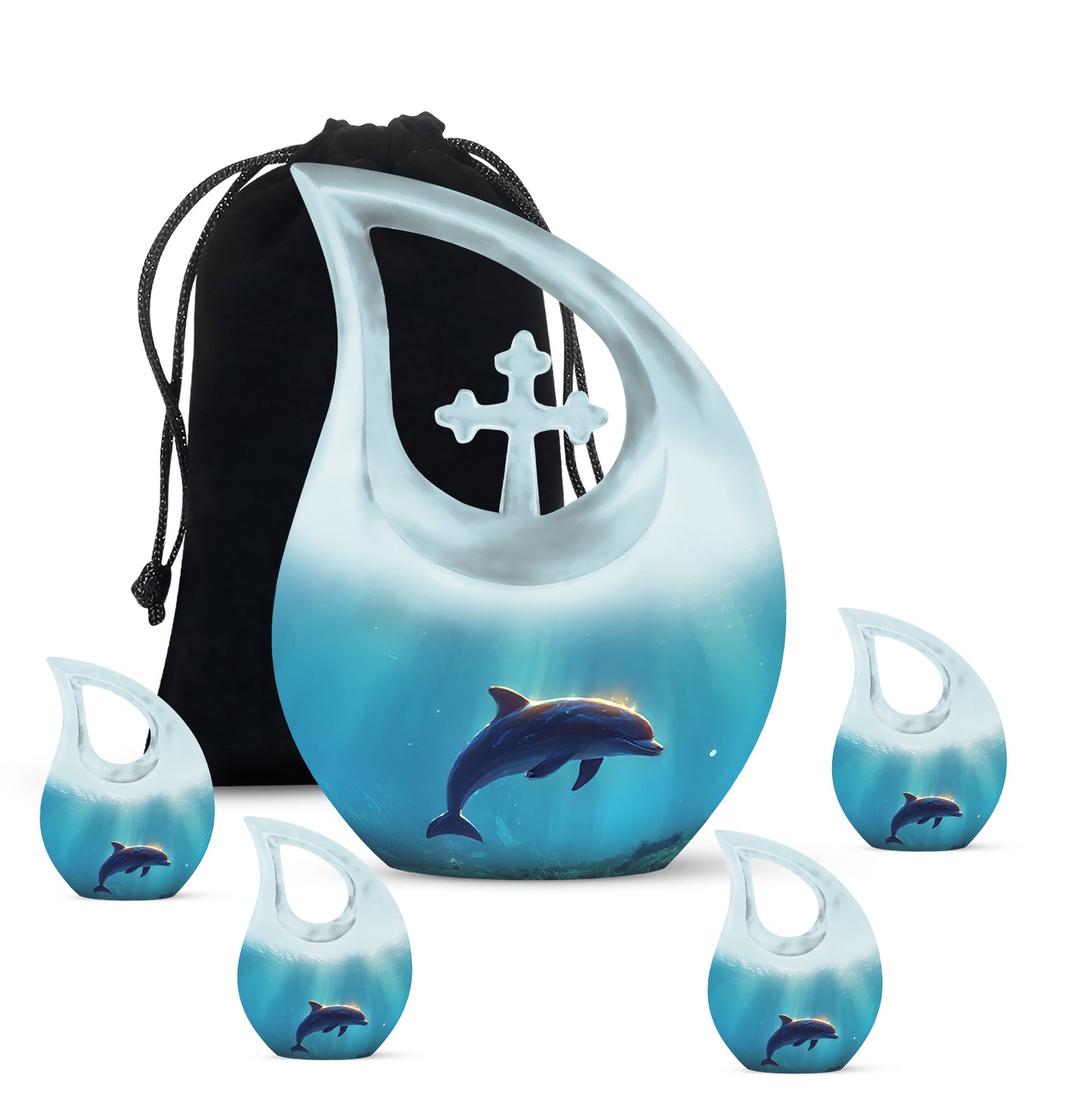 Polished Silver Dolphin Cremation Urn urn with complimentary velvet bag - devotional cross-drop dolphin engraving - memorial set with one large and four small urns