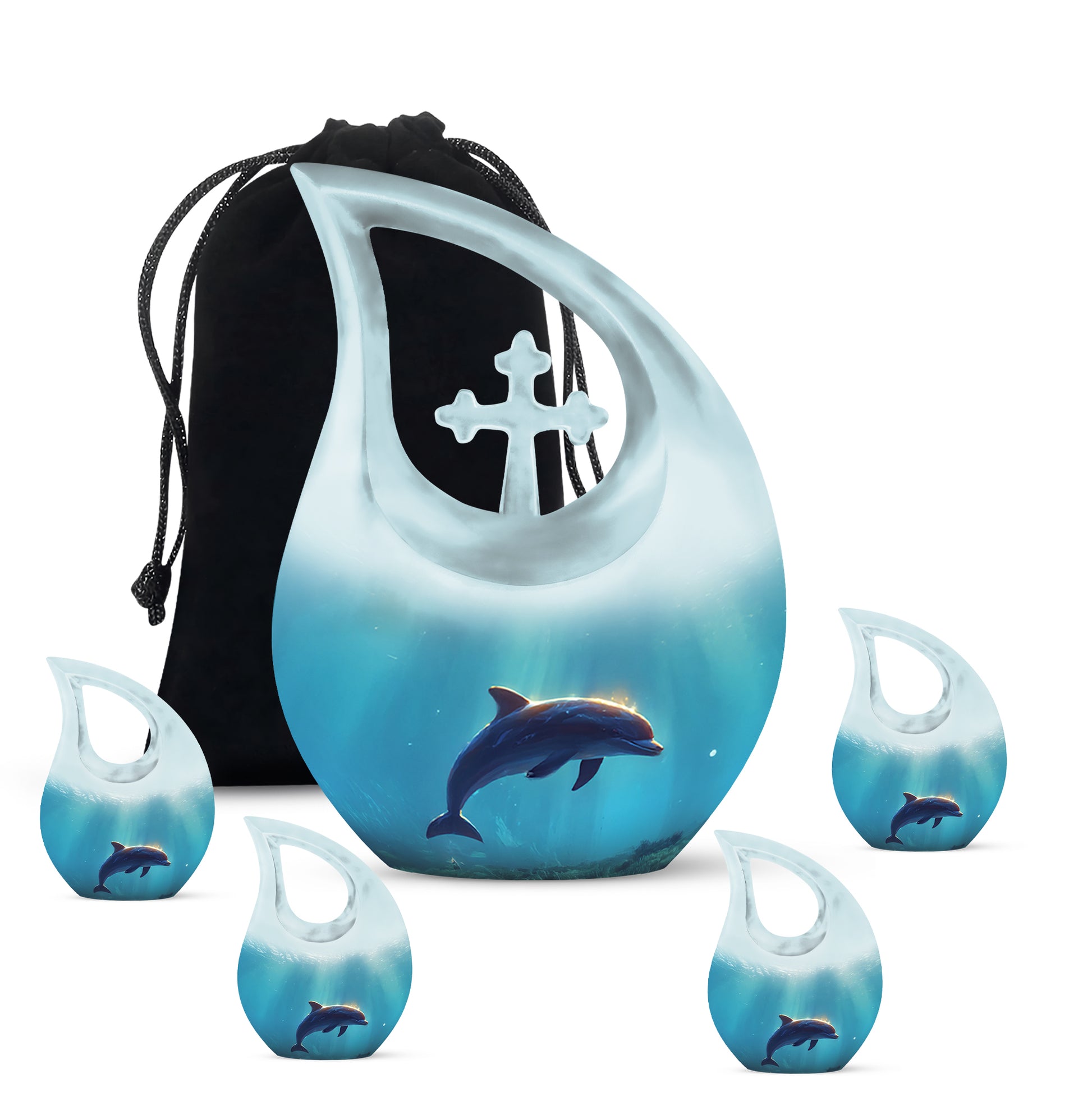Polished Silver Dolphin Cremation Urn urn with complimentary velvet bag - devotional cross-drop dolphin engraving - memorial set with one large and four small urns