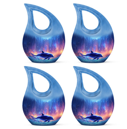 Vivid Blue Dolphin Cremation Urn lifestyle display on memorial shelf - faith-inspired cross-drop urn with dolphin pattern - 10 inch aluminum urn for cremated remains