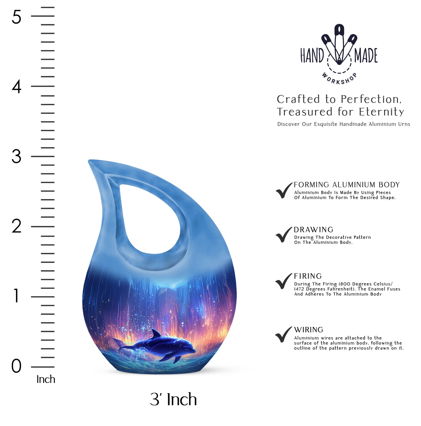 Soft Blue Dolphin Cremation Urn back view with polished surface - faith-inspired cross-drop urn with dolphin pattern - mini keepsake memorial for portion of cremation ashes