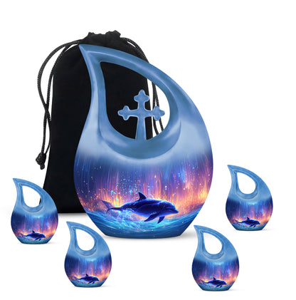 Twilight Blue Dolphin Cremation Urn urn with complimentary velvet bag - devotional cross-drop dolphin engraving - memorial set with one large and four small urns