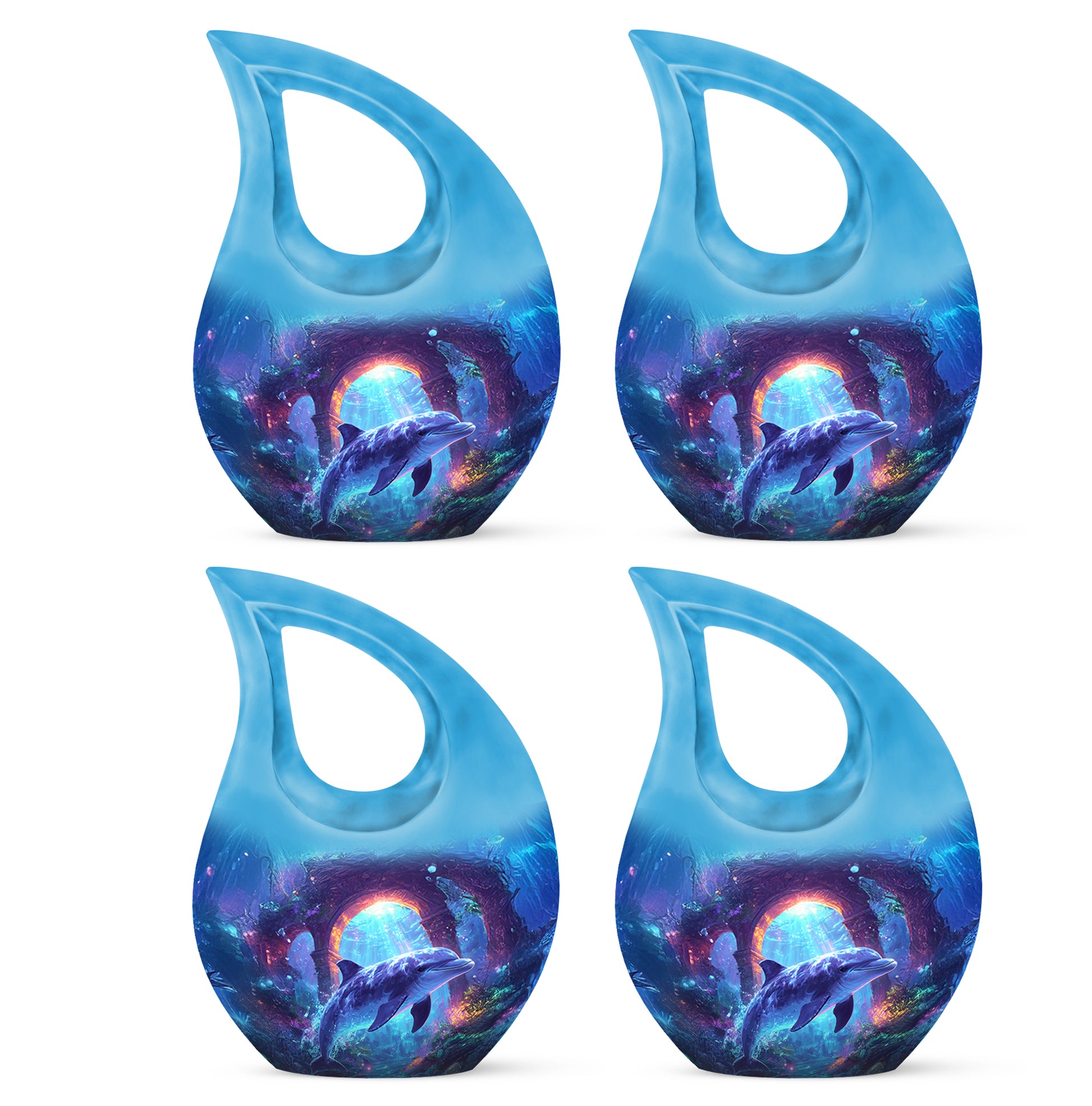 Indigo Dolphin Cremation Urn lifestyle display on memorial shelf - cross and dolphin combined in spiritual memorial design - 10 inch aluminum urn for cremated remains
